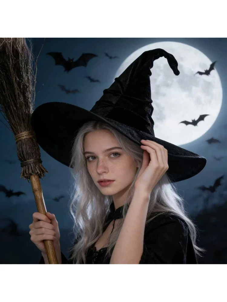 1 Stück Halloween Hexenhut Schwarzer Samt Großer Breiter Rand Zaubererhut Cosplay Kostümzubehör für Party Fasching Deko-Hut Geschenk