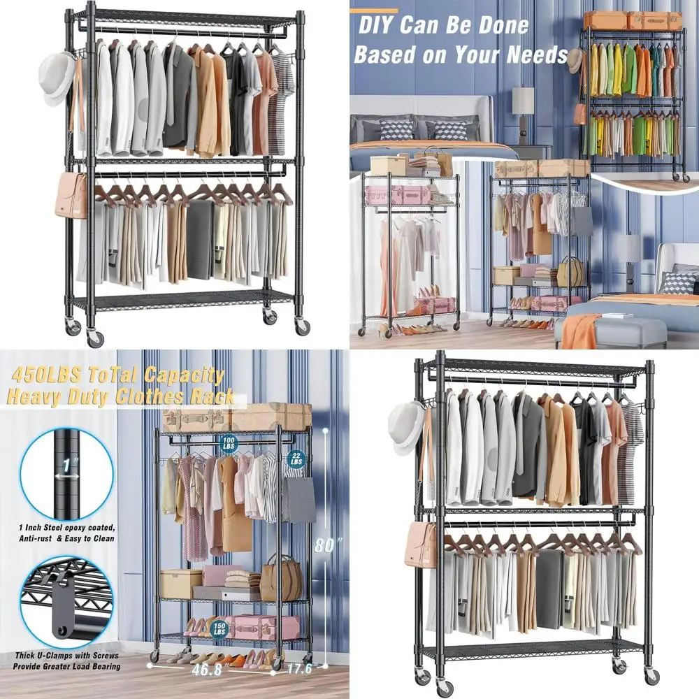 

Двухсекционная усиленная портативная вешалка для одежды с полками, блокирующимися колесами, крючками для подвешивания, максимальная нагрузка 450 фунтов, черная