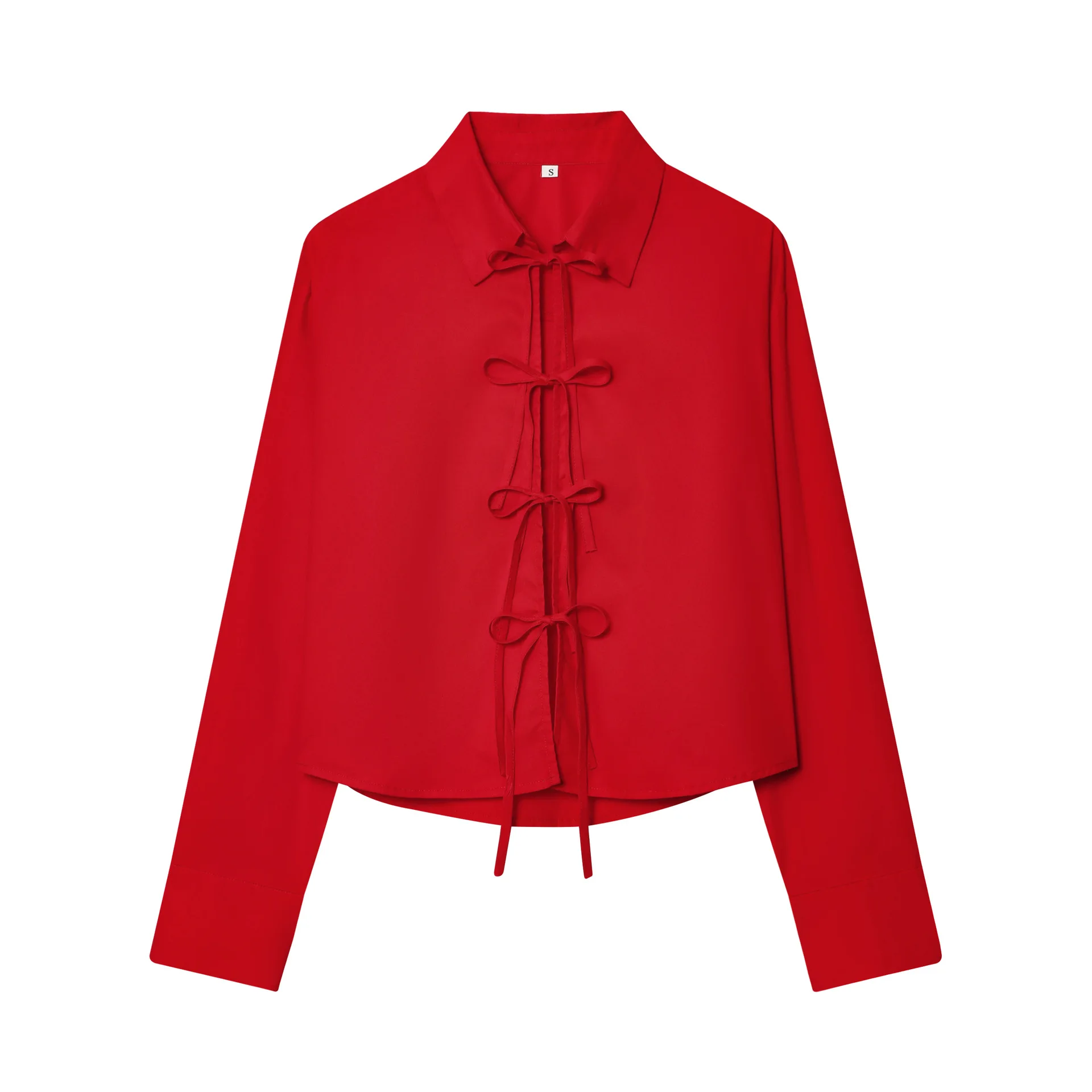 

Женская модная стильная рубашка из поплина на шнуровке, красная и светло-голубая полосатая блузка с бантом, отложным воротником, длинными рукавами, элегантная ST65