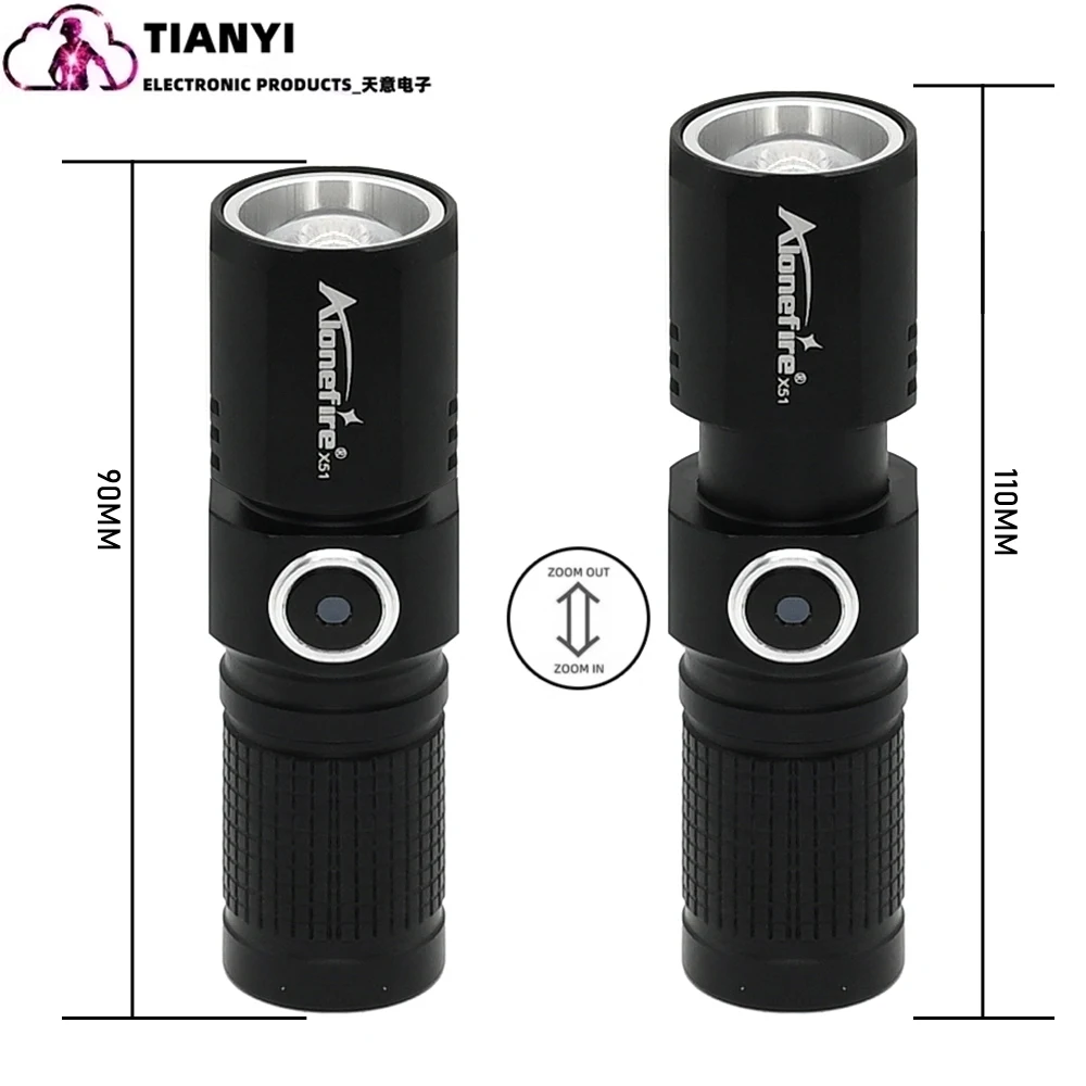 Zoom aluminum alloy mini portable strong light flashlight outdoor P100 charging type C multifunctional flashlight small LED