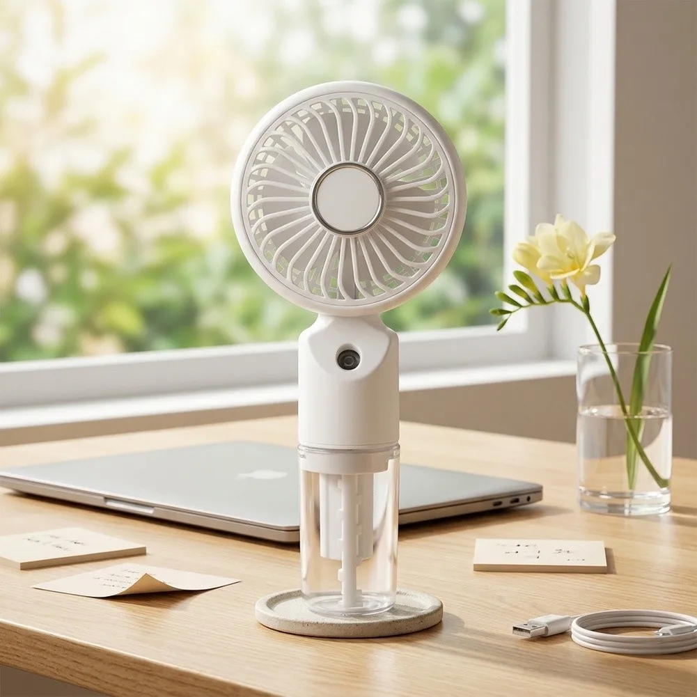 Portable USB Rechargeable Misting Fan With 3 Speeds Water Spray Cooling Handheld Plastic Desk Fan For Outdoor Travel Office Home