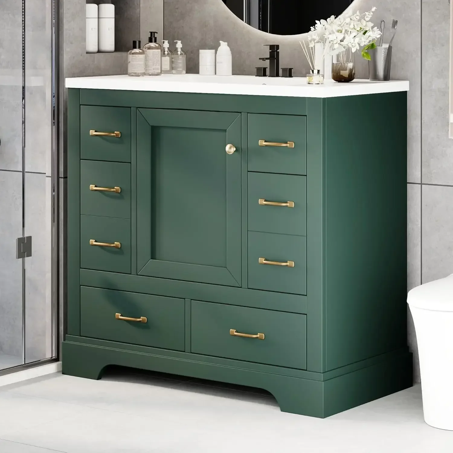 

36in Bathroom Vanity Cabinet with Sink,6 Drawers Adjustable Shelf Soft-Close Door,Home Hotel,Customized