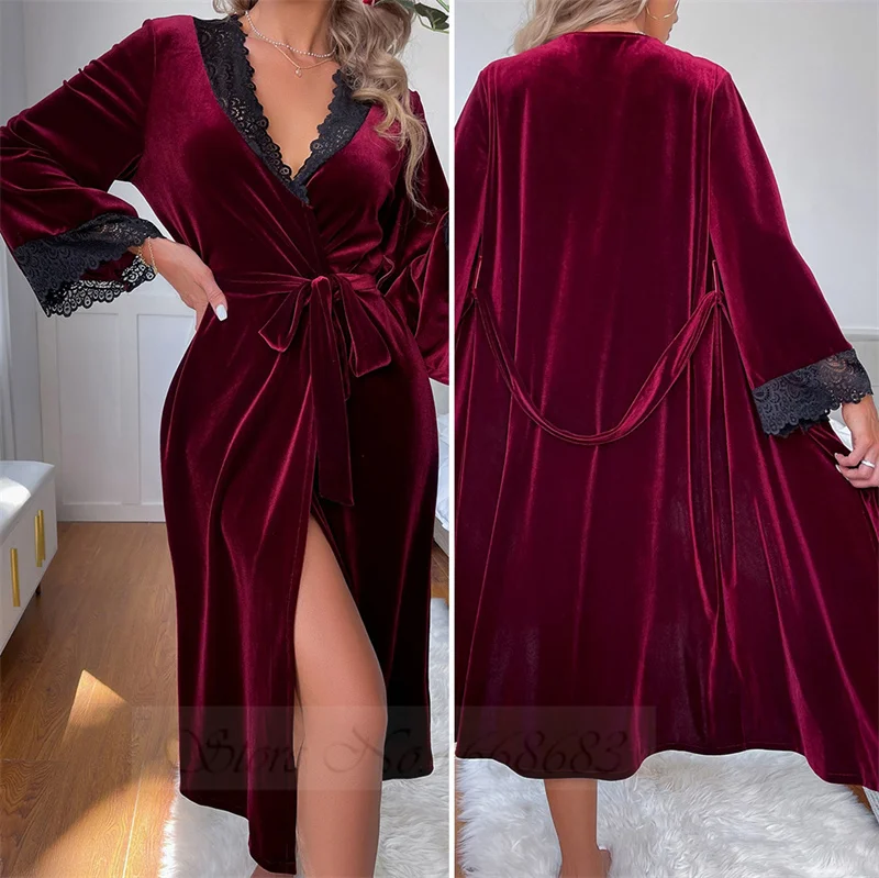 Sexy Burgundy Velvet Long Robe Kimono Bathrobe Gown Autumn Winter Women Sleepwear Lace Trim Nightgown Loose Homewear Lounge Wear