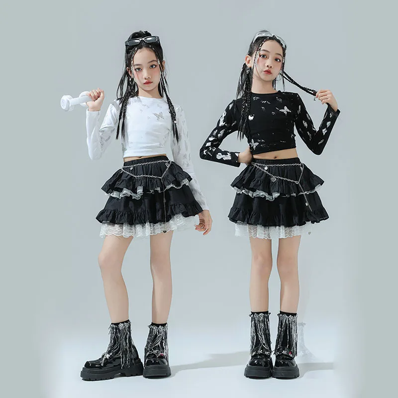 

Kid Hip Hop Clothing Butterfly Crop Top Long Sleeve T Shirt Black Layered Lace Skirt for Girls Jazz Dance Wear Costumes Clothes