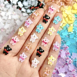 30Pcs Cartoon Translucent Bear Nail Charms Luminou Kawaii Colorful Tie Bear Resin Nail Art Accessories for DIY Nails Decorations