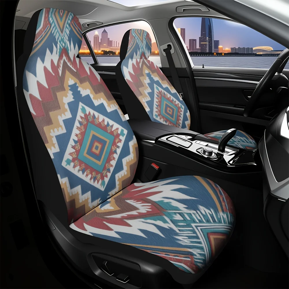 2pcs, Vibrant Geometric Tribal Stripes Design Car Seat Covers, Universal Fit For Front Seats Of Cars, SUVs, Sedans, Trucks, Soft