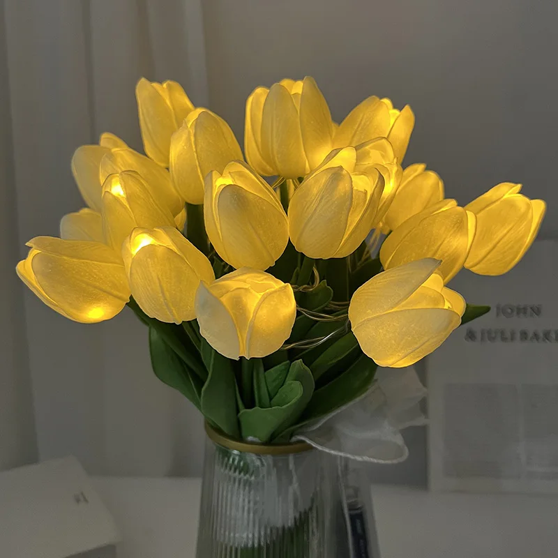 10/15pcs LED Tulips Artificial Flowers PU Tulip Fake Flower Bouquet Night Light for Home Garden Decoration Wedding Birthday Gift