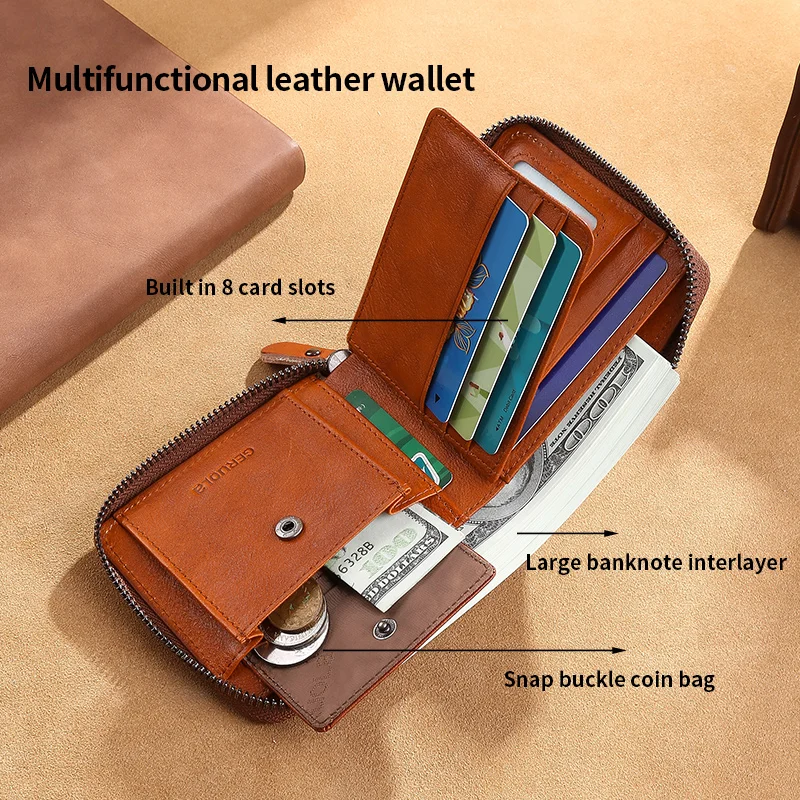 Wallet for men 2024 new genuine leather zipper wallet, change card bag, all-in-one wallet, trendy short clip for men