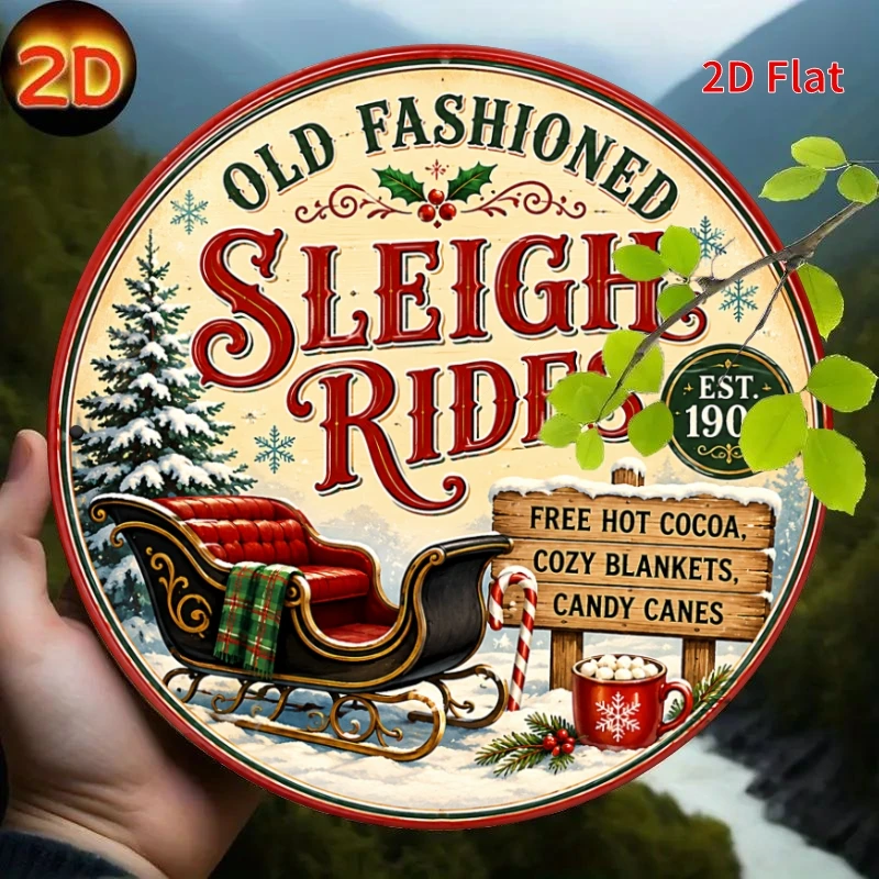 2D Flat, [2Dflat], 1pc 20x20cm- Metal Aluminum Tin Plaque, Old Fashioned Sleigh Rides Decorative Signs, Vintage Christmas Sleigh