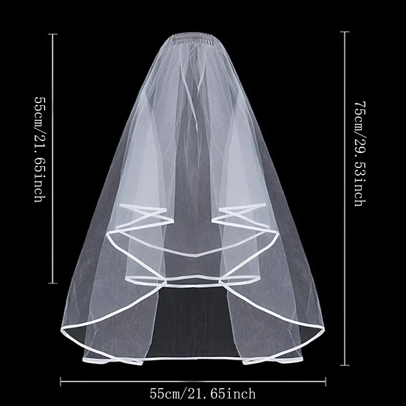 흰색 아이보리 웨딩 베일, 리본 가장자리 중앙 캐스케이드 신부 베일, 빗 포함, 2 단