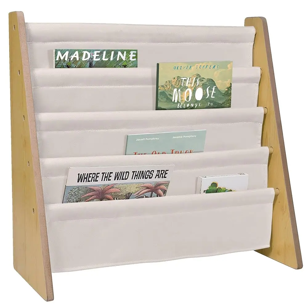 

Kids Premium Canvas Sling Bookshelf For Boys & Girls, Wooden Design Features Four Fabric Shelves, Keep Bedrooms, Playrooms, &