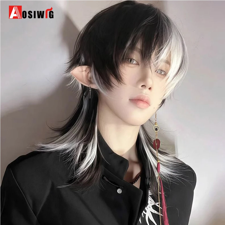 AOSI  Synthetic Short Straight Mullet Head Wigs with Bangs Anime Men Black White Gray Green Hair Wig for Daily Party Cosplay