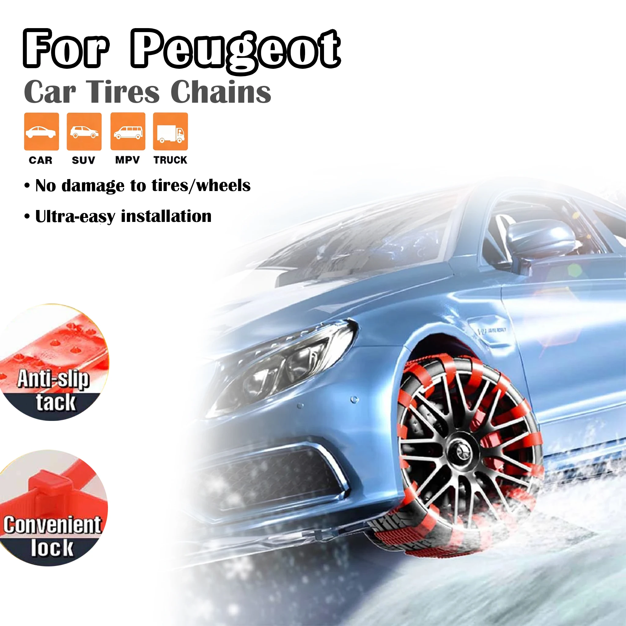 

Car Tire Chains Winter Snow Anti-Skid Tyre Cable Ties For Peugeot 3008 5008 206 207 208 301 306 307 308 T9 408 508 607 4008 406