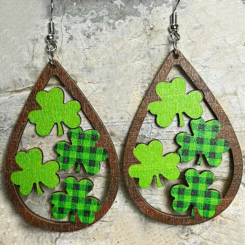 2023 New St. Patrick's Day Earrings Dwarf Lucky Grass Green Rainbow Beard Irish Wood Print Ear Rings Jewelry Gift Wholesale