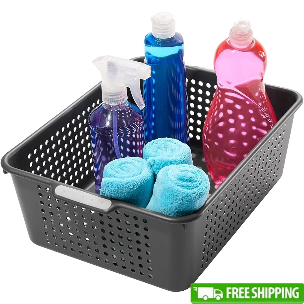

Multipurpose Storage Basket Kitchen Bathroom Closet Organization with Ergonomic Handles Nonslip Feet Durable BPA-Free Plastic