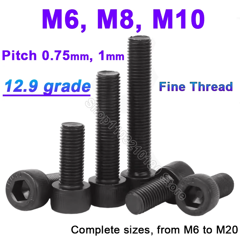 

1-10Pcs M6 M8 M10 Black 12.9 Grade Fine Thread Hexagon Hex Socket Cap Head Screws Allen Bolts Pitch 0.75mm 1mm DIN912