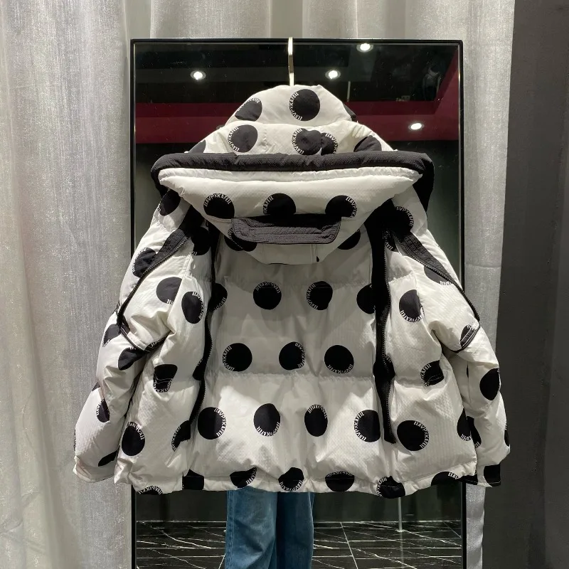 Chaqueta de plumón de lunares con estampado de moda versión coreana para mujer chaqueta de plumón de pato blanca fina gruesa de invierno exquisita