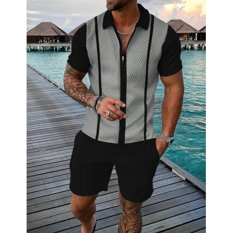 Hawaiian Men Tracksuit 2 pcs Sets 3D Print Zipper Polo Shirt Suit Short Sleeve Shirt Oversize Casual Fashion Zip-Up Man Clothing
