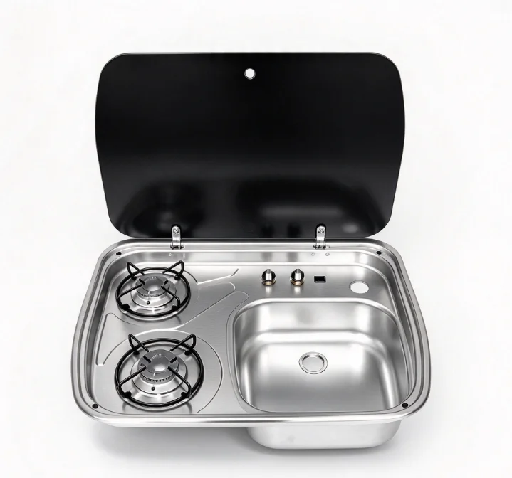 RV Kitchen Stainless Steel Gas Stove Double Burner Right Sink GR-588 Compact Camper Cooking Station with Faucet Outdoor Portable