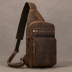 Newsbirds High Quality Big Chest Bag Real Cowhide Leather Chest Bags Crazy Horse Leather Men's Sling Bag Chest Pack for Man Male