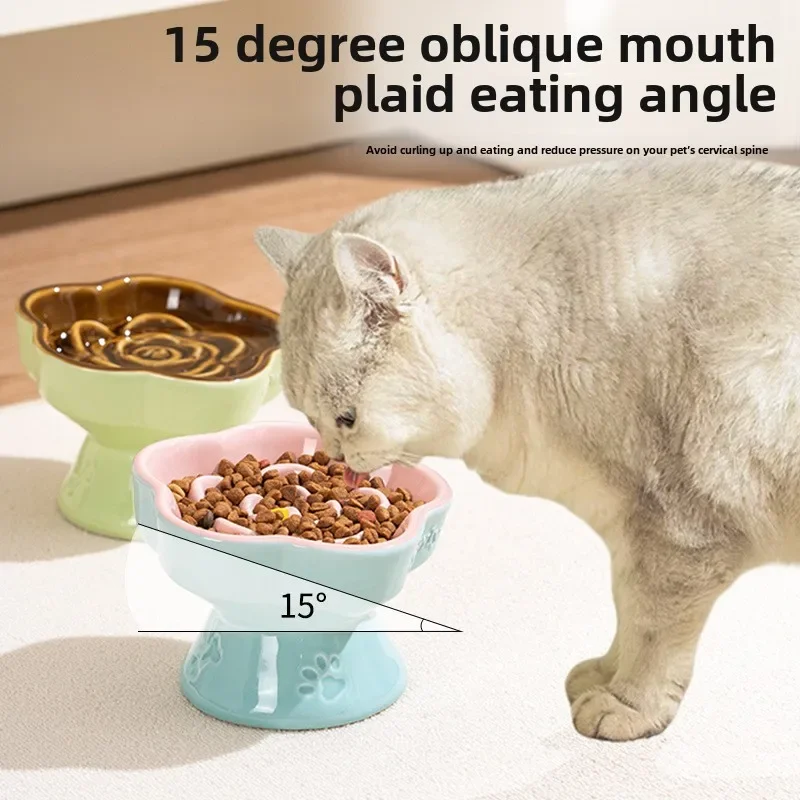 Pet Slow Food Bowl Tall Ceramic Cat Bowl Dog Bowl Small Dog and Cat Anti-choking Slow Food Anti-knock Over Neck Protection