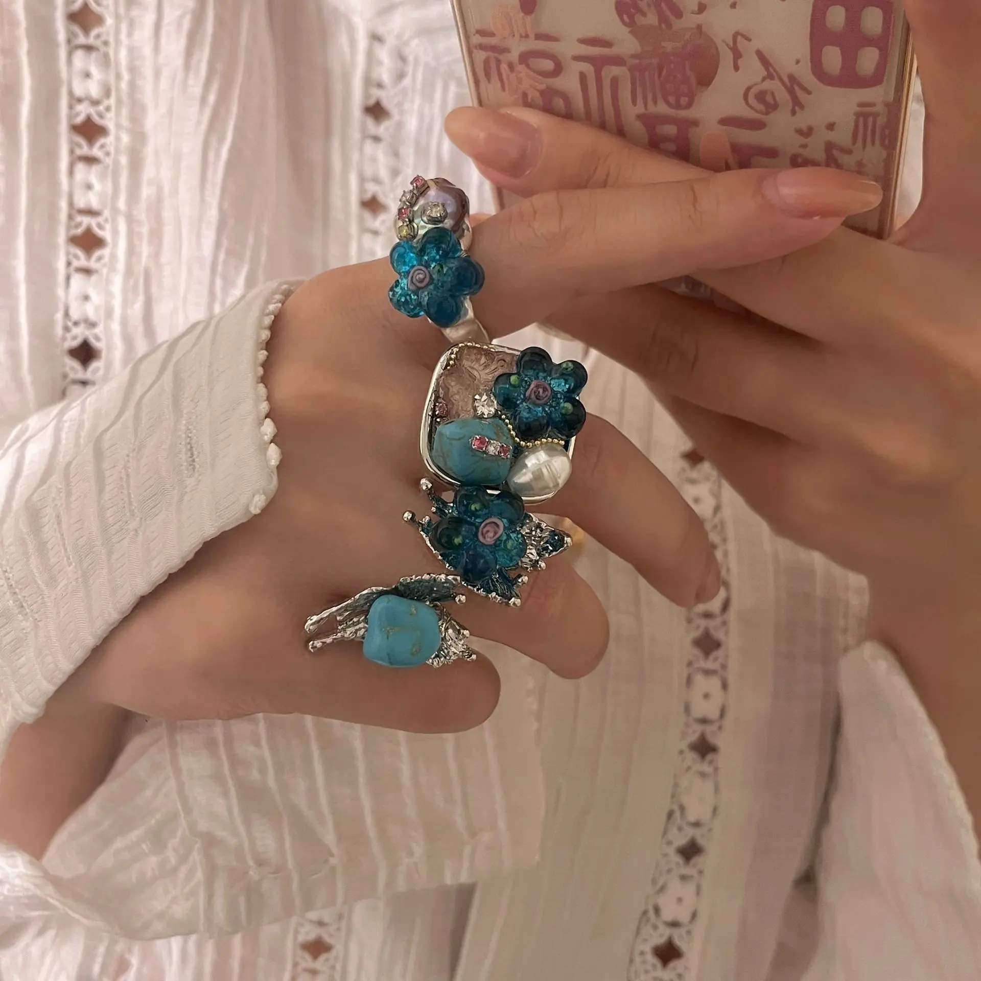 European American Ins Style Turquoise Glass Flower Handcrafted Beaded Ring Elegant Butterfly Ring