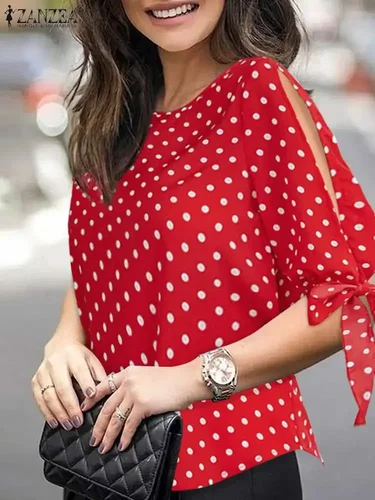 Imagen 2 del producto ZANZEA-Blusa informal con estampado de lunares para mujer, camisa de vacaciones a la moda, Túnica de media manga con cuello redondo, Tops elegantes para fiesta, talla grande