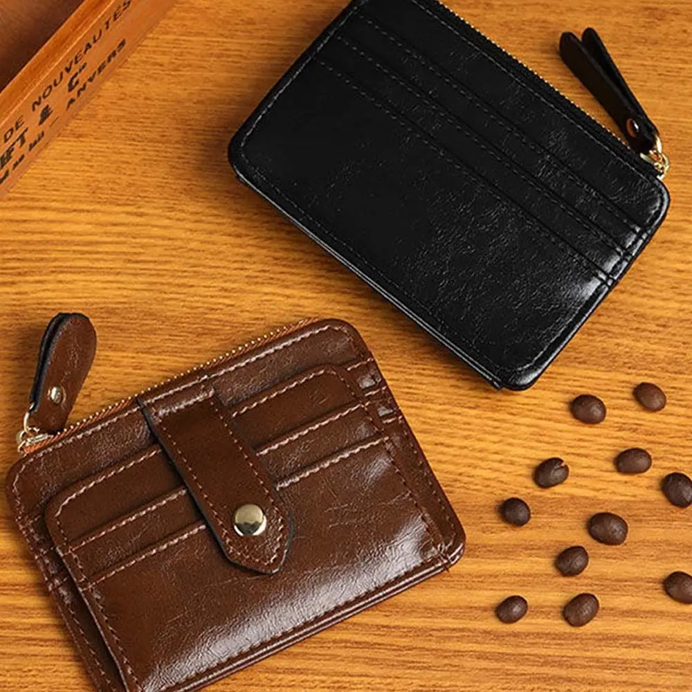 Portable Korean Style Retro Card Bag Solid Color Multiple Card Slots Mini Wallet PU Wallet Zipper Coin Purse Men