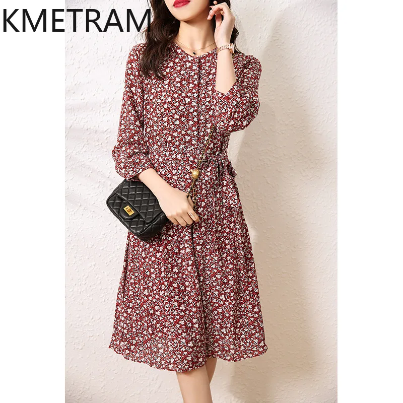 

KMETRAM 100% Mulberry Silk Women's Dresses Mid Length Floral Elegant Dress Woamn Clothes High Quality Summer Dress Robe Femme