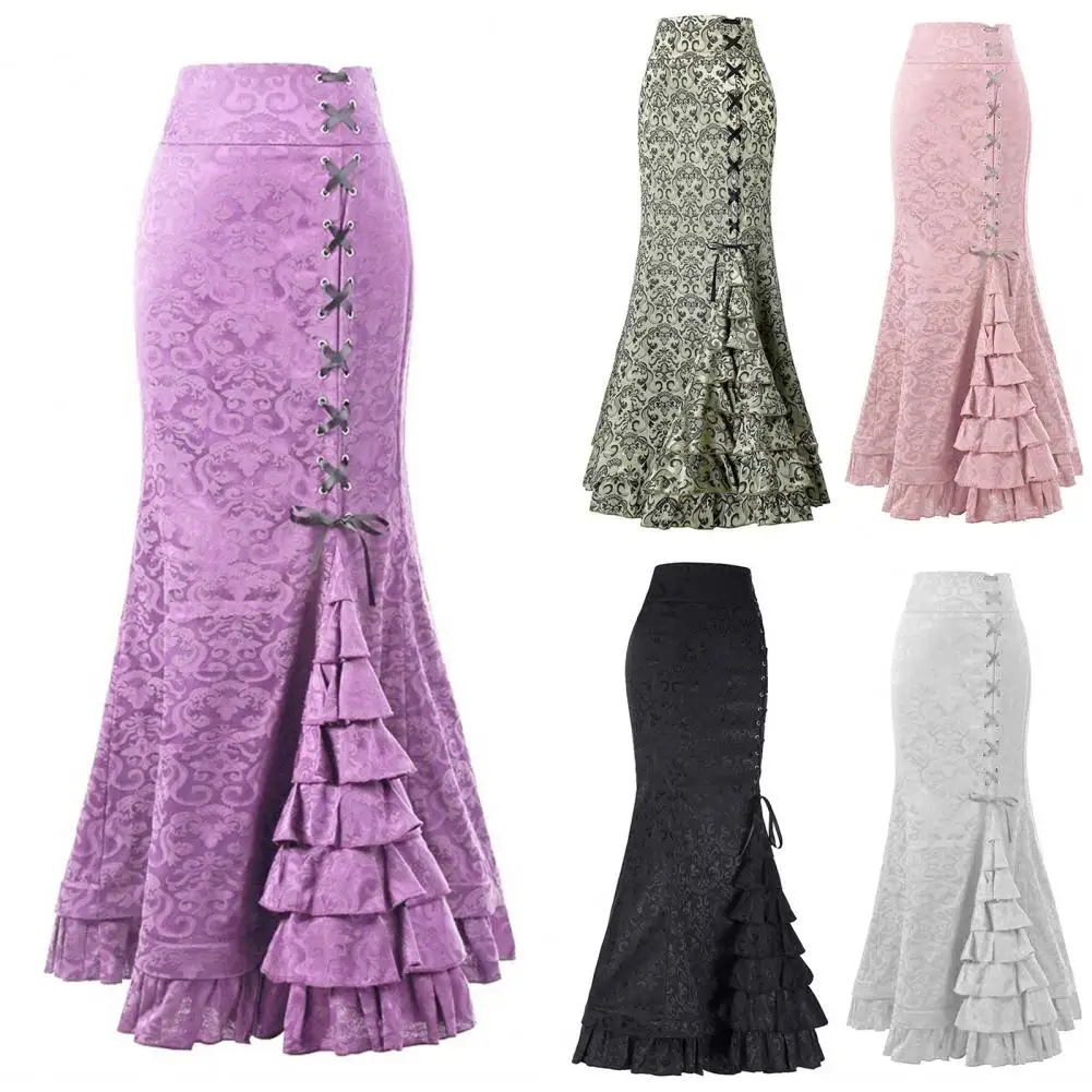 Unique Multi-layered Hem Design Skirt Vintage Mermaid Skirt with Lace-up Detail Ruffle Hem High Waist Fishtail Skirt for Women