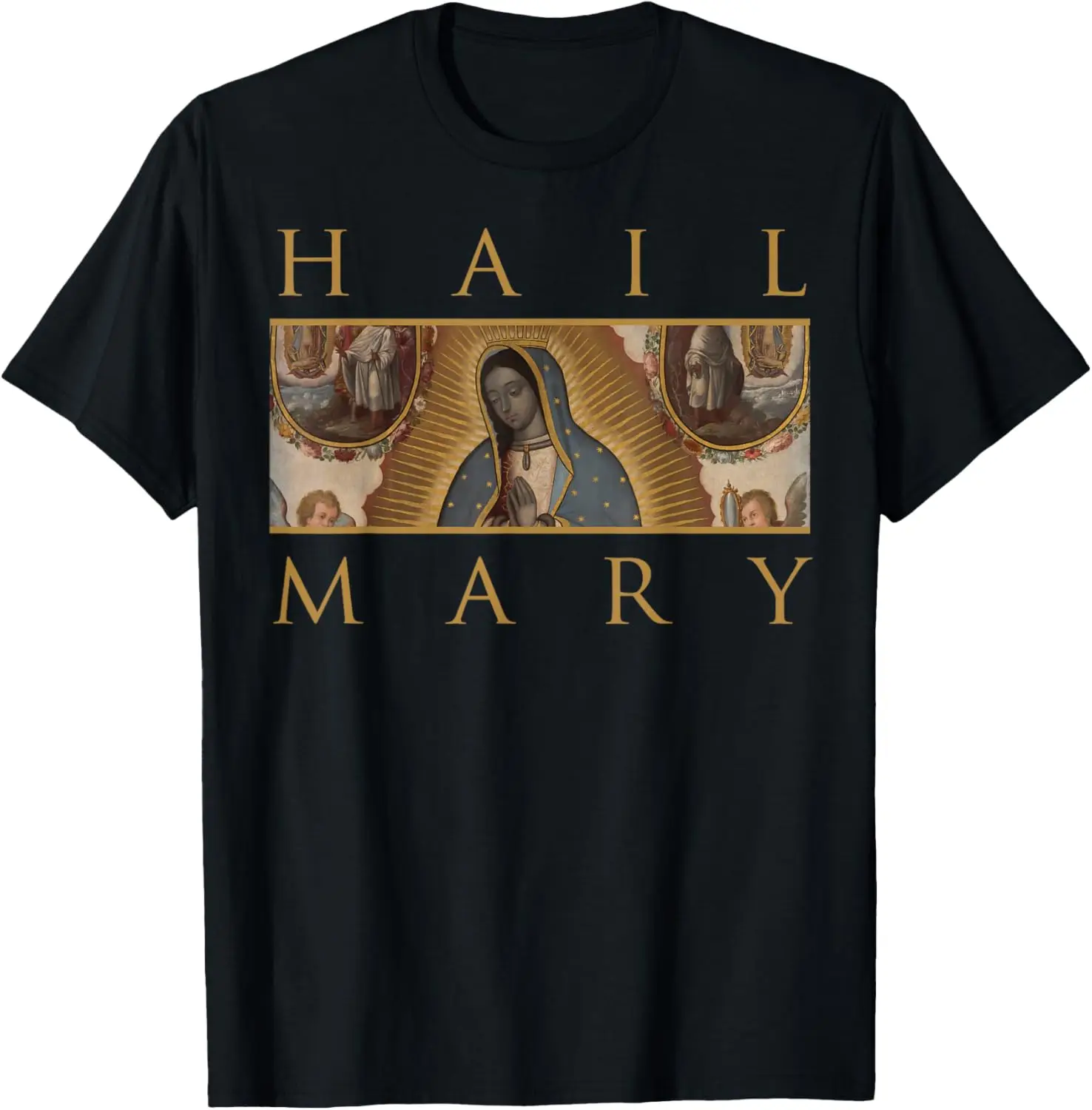 

Our Lady of Guadalupe Hail Mary Graphic Tee Religious Catholic T-Shirt Men's Short Sleeve Cotton