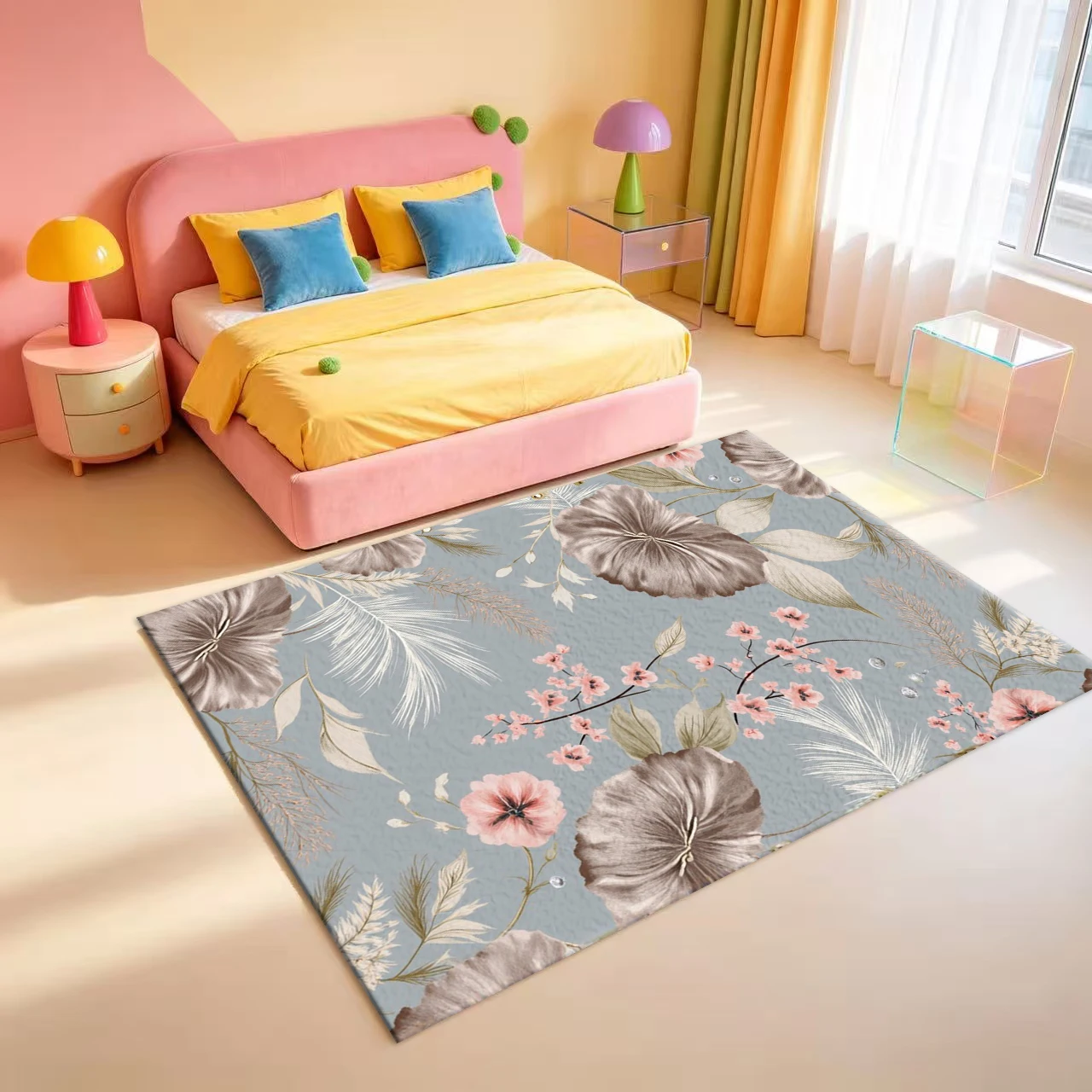 Gray-Blue Tropical Floral Carpet Floor Decoration Vintage Feather Plant Pattern Home Carpet