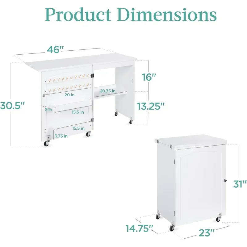 Folding Sewing Table Multipurpose Craft Station Side Desk with Compact Design Wheels Shelves Storage Trays Pegs Magnetic