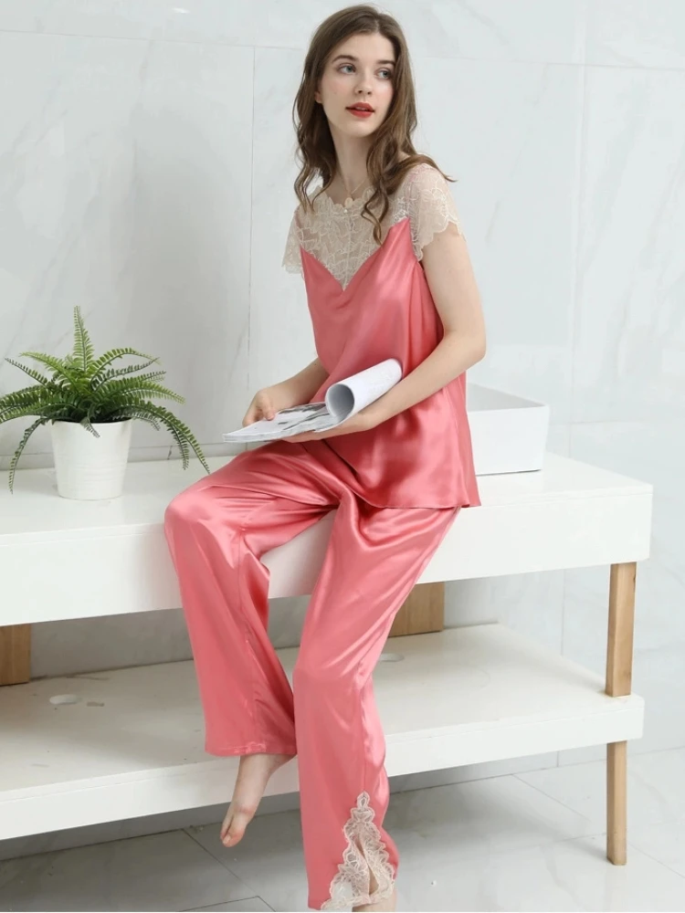 Lace Stitching 19MM 100% Mulberry Silk Short Sleeve Tee Tops and Trousers Two-piece Pajama Set Casual Loungewear Pajamas Nighty