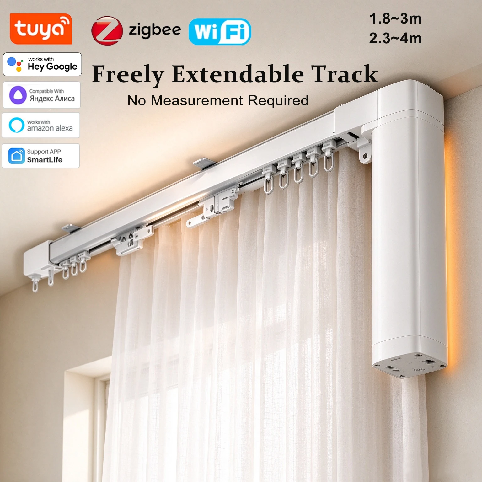 Extendable  Adjustable Size Electric Retractable Curtain Track Rail with Tuya WiFi Zigbee Motor Smartlife Home Assistant Alexa
