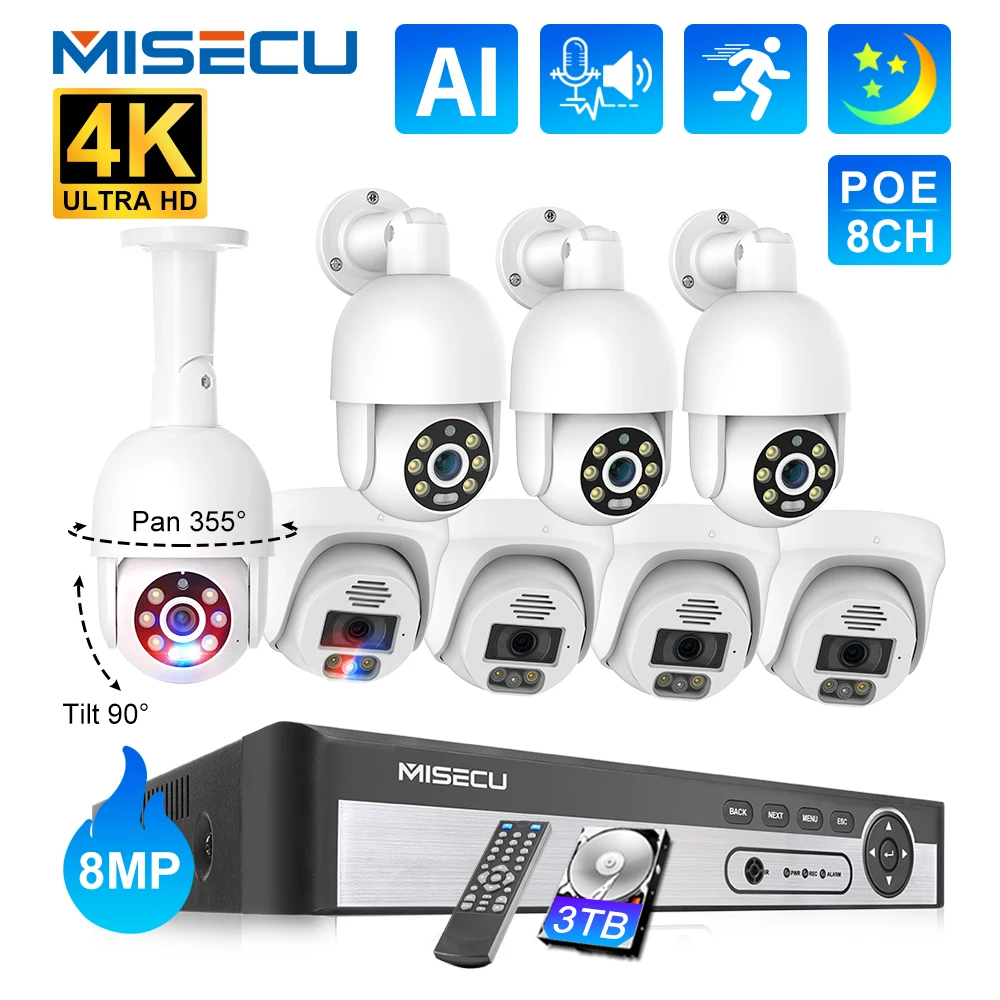 

MISECU 8CH 4K 8MP POE Camera System H.265 P2P Red Blue/Light Alarm Face Detect CCTV Vision Video Surveillance Protection Kit DIY