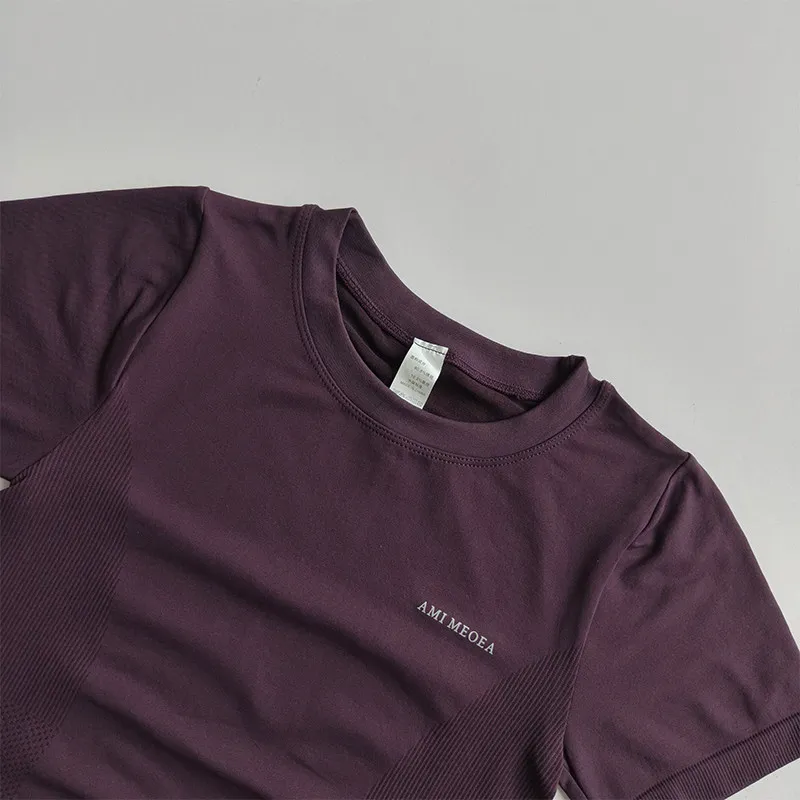 Dünne Sport-Kurzarm-T-Shirts Schlankmachende Schnelltrocknende Fitnesskleidung Elastisches Enganliegendes Atmungsaktives Yoga-Oberteil für Damen – Detail 10