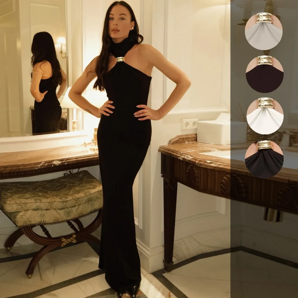 

2025 Women Spring Summer Slim Fit Long Dress With Metal Buttons Elegant Casual Office Party Wear Fashion Ladies Clothing