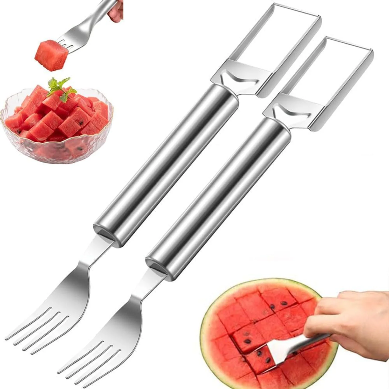 2024 New Watermelon Fork Slicer  Slicer Tool, 2-in-1 Stainless Steel Fruit , Dual Head Watermelon Slicer (2Pcs)