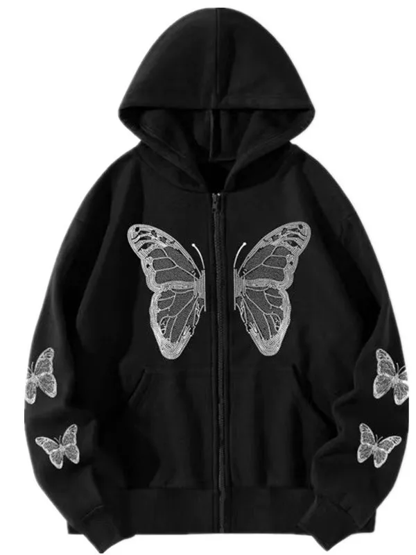 Felpa con cappuccio lunga stampata casual da donna Jaet Street Sle vestibilità ampia chiusura con cerniera capispalla con motivo a cartoni animati