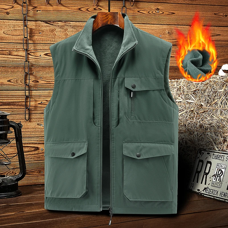 

Men's outdoor workwear, fishing camisole, vest, jacket, autumn and winter double-sided wearing with plush multi pocket vest
