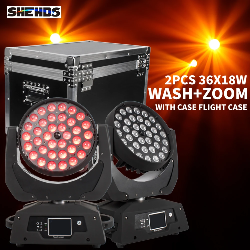 SHEHDS 2PCS LED 36x18W RGBWA+UV Zoom Moving Head 6in1 Wash With Case DMX512 Factory Directly Sale Dj Disco Stage Lighting Good