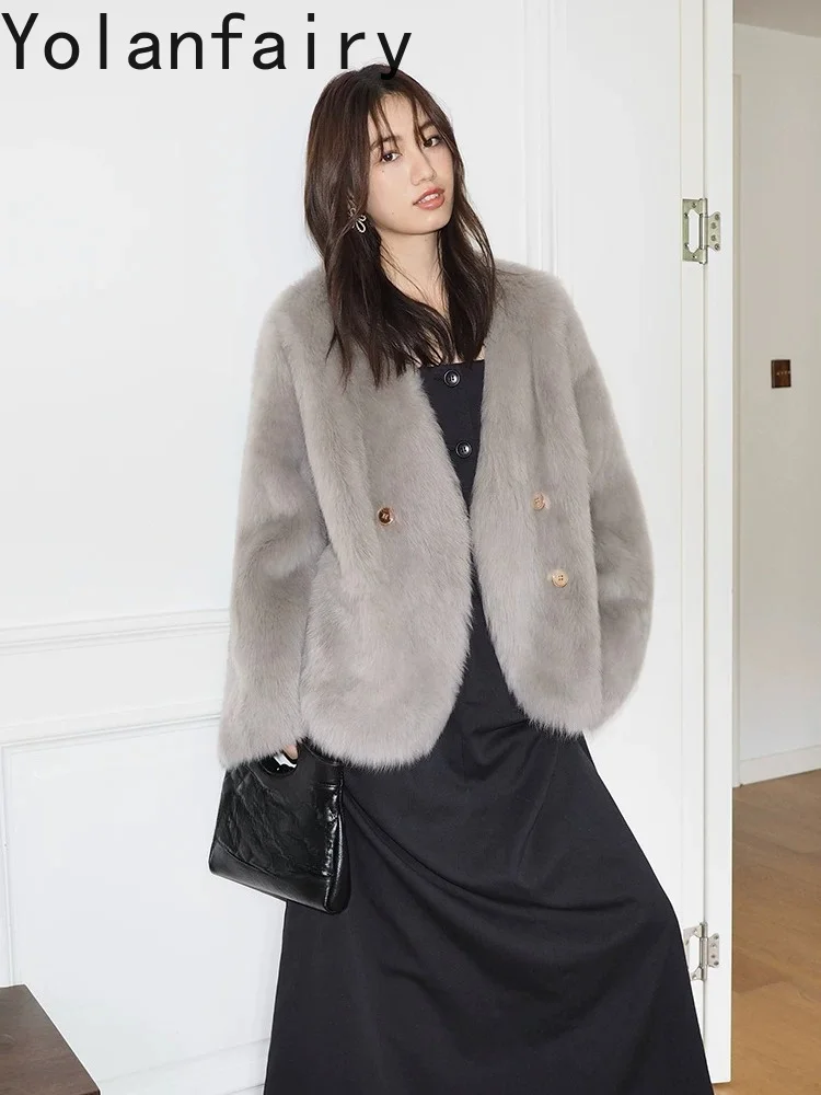 YOLANFAIRY Real Fur Coat Women Winter 2026 Natural Lamb Integral Fur Jacket Korean Young Style V Neck Double Breasted Fur Jacket