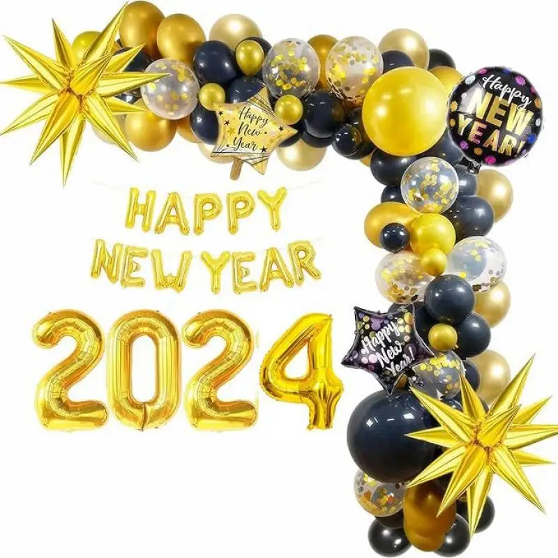 

1Set Gold Black Balloon Garland Arch 2024 Happy New Year Balloon Arch Kit for Home Christmas New Year Latex Balloons