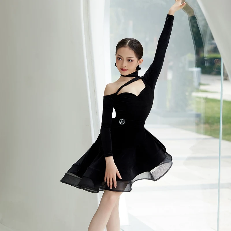 Fashion Latin Dance Professional Costume Girls Black Samba Latin Dance Dress Child Ballroom Dance Competition Clothing SL11546