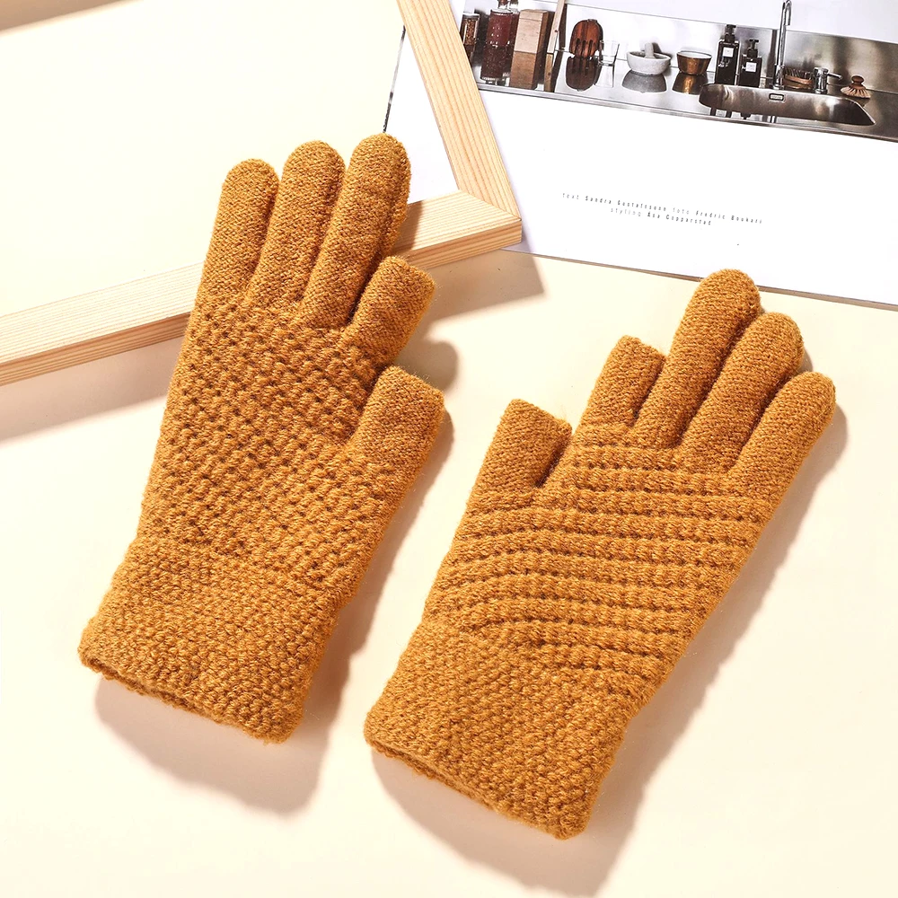 

Women'S Men Winter Gloves Solid Color Simple Knit Gloves Student Writing Riding Split Finger Thick Warm Gloves Couple Gifts