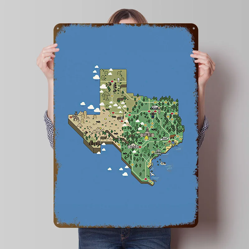 Isometrische Texas-Karte mit Sehenswürdigkeiten, gedrucktes Poster, individuelle Wandkunst, Retro-Vintage-Metallblechschilder für Raumdekorationen, Haus
