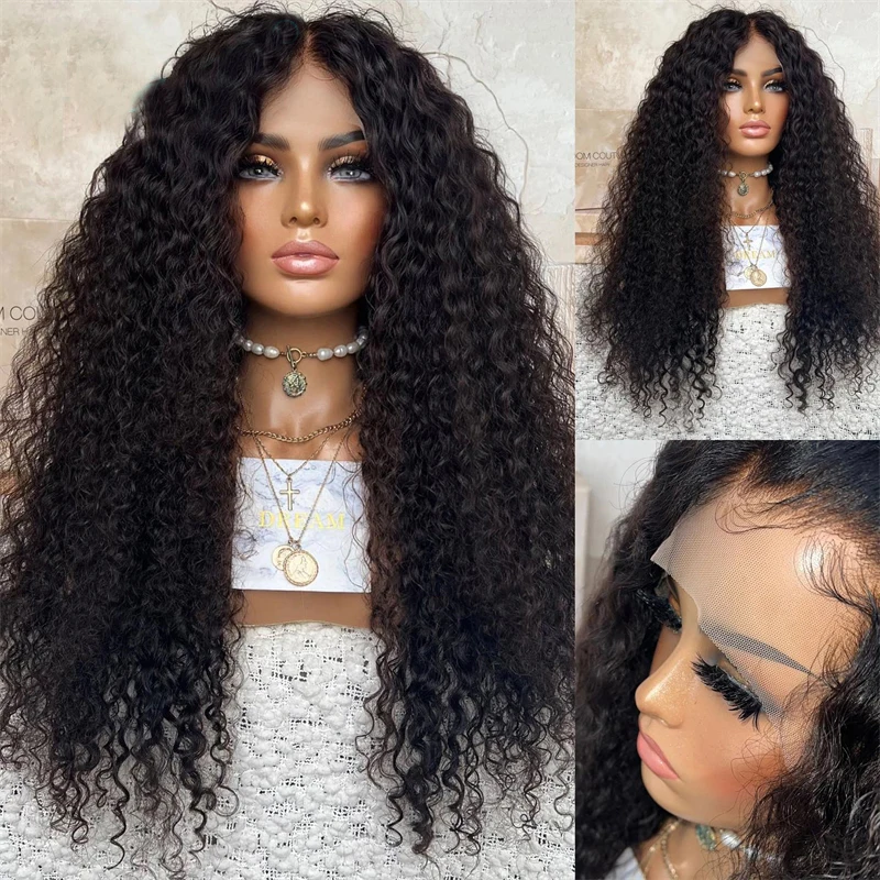 

Natural Black Soft 26Inch Long 180%Density Kinky Curly Preplucked Glueless Lace Front Wig For Women With Babyhair Daily Cosplay