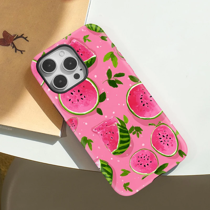 Fcicicase Wireless Charge Magnetic für Magsafe Hülle für iPhone 16 Plus 15 14 13 Pro Max 12 11 Doppelschichtige Wassermelonenabdeckung
