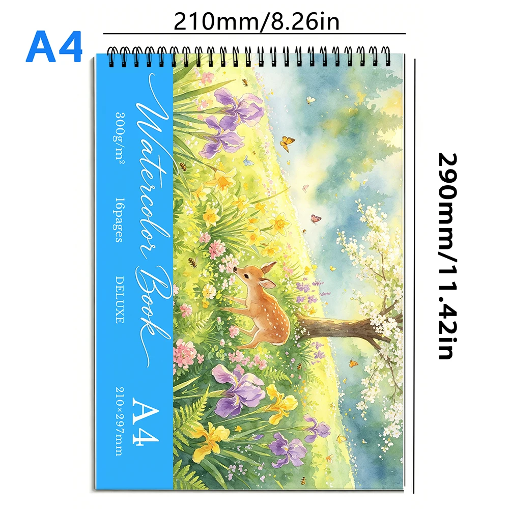 Premium Spiral Watercolor Notebook, 300gsm Heavy Paper, 16 Sheets, tear-resistant sheets for layered watercolor artwork.